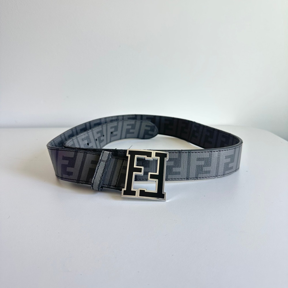 Fendi FF Monogram Zucca Belt Grey Black Enamel Buckle Size 50 125 7C0250-XEE